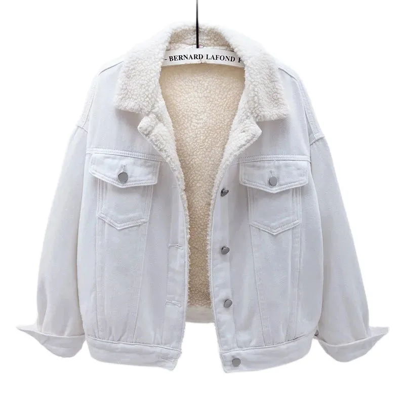 

Зимняя женская джинсовая куртка, красивая популярная короткая бархатная Толстая джинсовая куртка, пальто, женская Повседневная хлопковая ветровка из овечьей шерсти