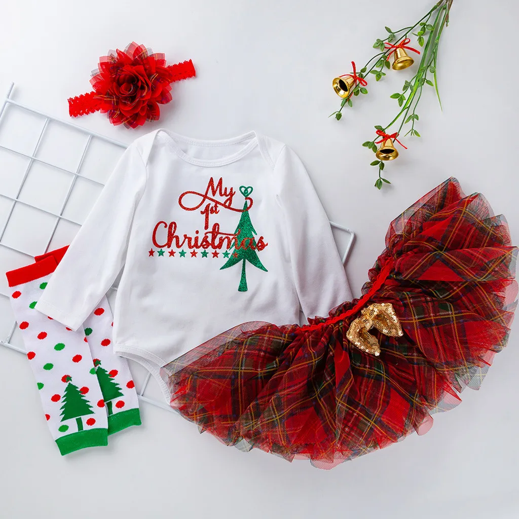 

4pcs /set Baby Girl Outfits Newborn Toddler Girls Christmas Day Romper Tops Tutu Dress Hairband Set My First Christmas Girl 2019