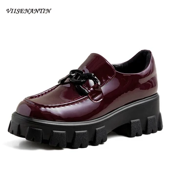 

Autumn New Style Platform Shoes Square Toe Chain Decoration Casual British Small Leather Shoes Women Waterproof Fashion Pumps