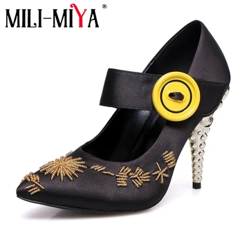 

MILI-MIYA Famous Classic Pumps Silk Embroider Buckle Strap Pointed Toe Large Size 34-43 Dress Party Spring/Autumn Shoes Handmade