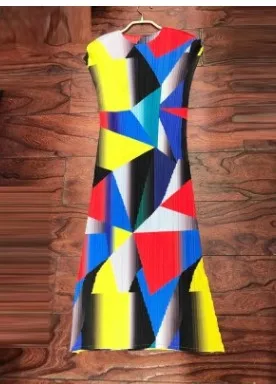 Лидер продаж Miyake fold модное платье с геометрическим принтом без рукавов с круглым вырезом ТРАПЕЦИЕВИДНОЕ ПЛАТЬЕ доступно
