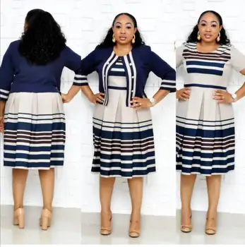 

2019 Summer Ol Style Large Size Two Piece Set Women's Jacket With O-Neck Short Sleeves Striped A-Line Dress Set