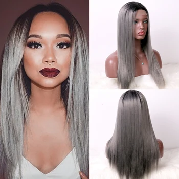 

OLEY Hair Straight Grey Wig Glueless Synthetic Lace Front Wig Heat Resistant Middle-Part Ombre Cosplay Wigs For Black Women