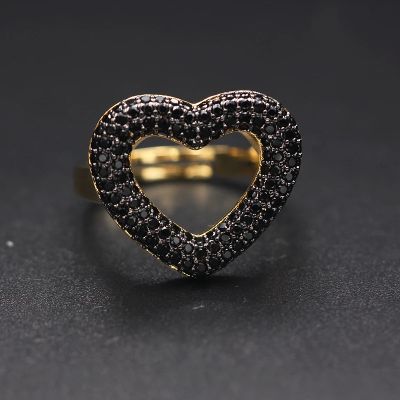 Luxury Heart Shape Finger Ring For Women Paved Micro Multicolor Zirconia Gold color Adjustable Open Finger Rings Wedding Jewelry - Цвет основного камня: black