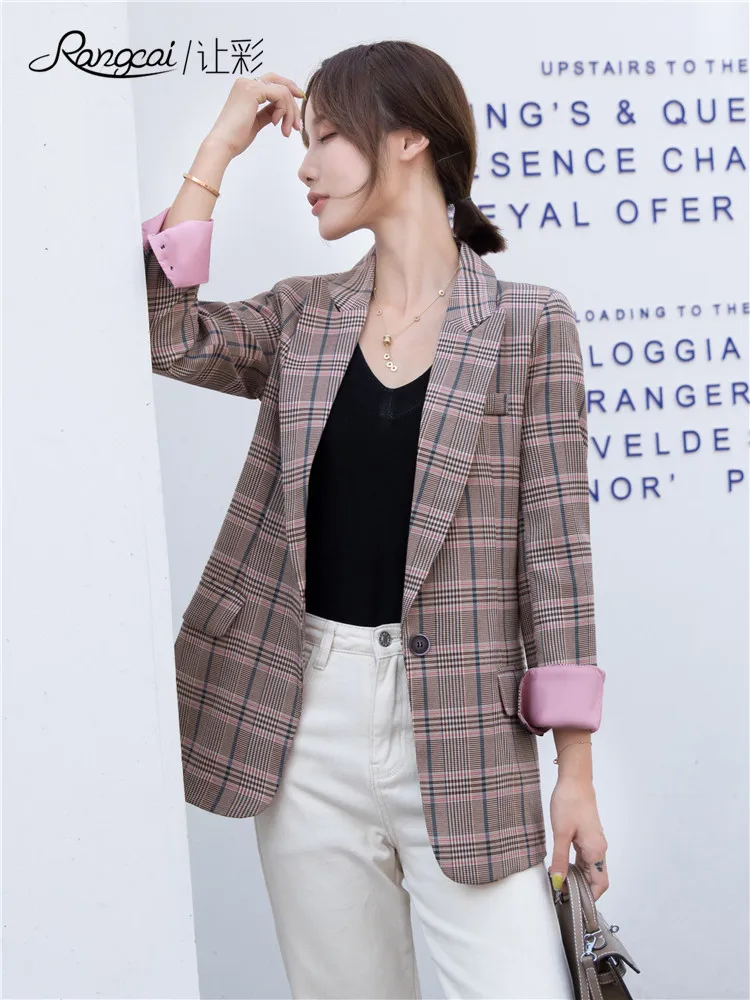 Plaid Pink Vintage Ladies Blazer Long Sleeve Loose Casual Suit Jacket Bleyser Mujer Korean Stylish Women's Clothing New MM60NXZ