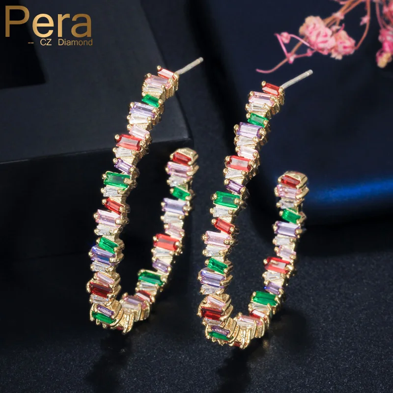 

Pera Colorful Red Green Iregular Cubic Zirconia Stone Yellow Gold Big Half Circle Round Hoop Earrings Jewelry for Women E417