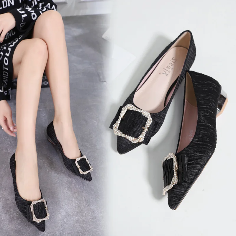 

Beauty Road 2019 Spring Korean-style Popular Characteristics Silk Fabric WOMEN'S Shoes Chunky-Heel Low Heel Shoes Man-made Diamo