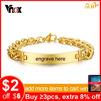 

Vnox Stainless Steel Mens ID Bracelets Bangle Gold Color Curb Link Chain Spring Closure Customize Name Date Info Male Boy Bijoux