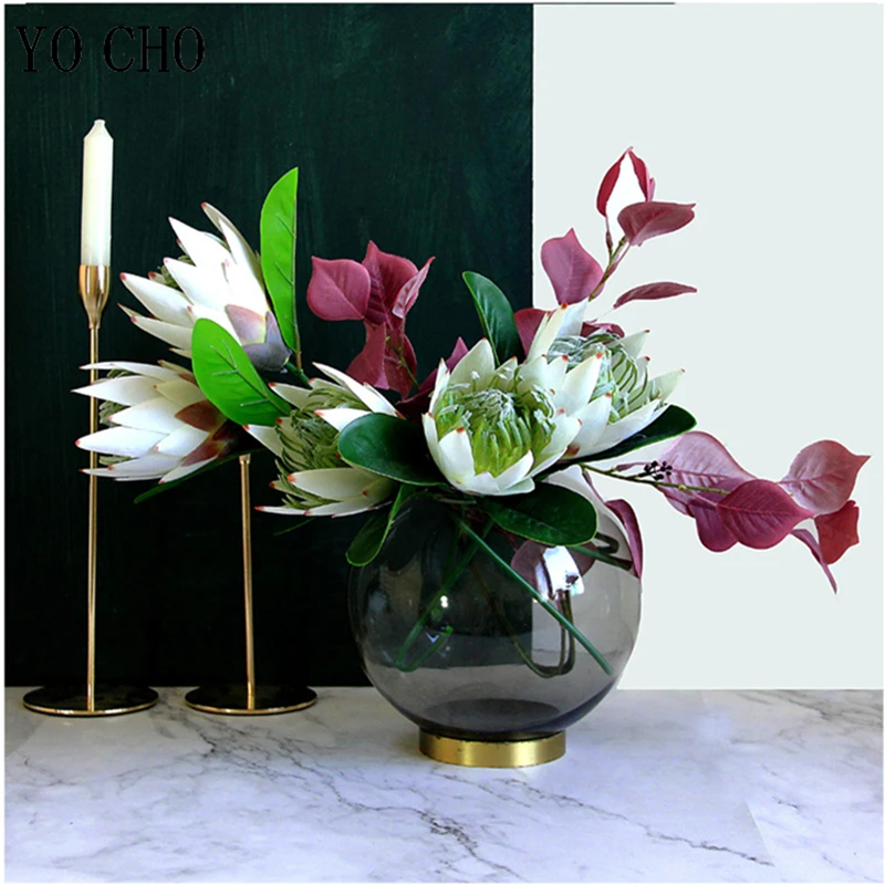 YO CHO Künstliche Blume, Seide, König, Protea, DIY-Blumenarrangement, gefälschte Kaiserblumen, weiß, für Zuhause, Party, Hochzeit, Tischdekoration – Detail 7