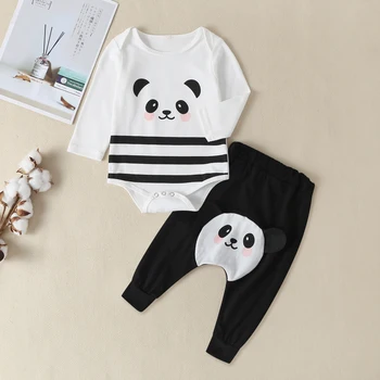 

2pcs Set Newborn baby Girls Outfits Cartoon Panda Head Print Long-Sleeved Rompers + Pants Baby boy Clothes Set