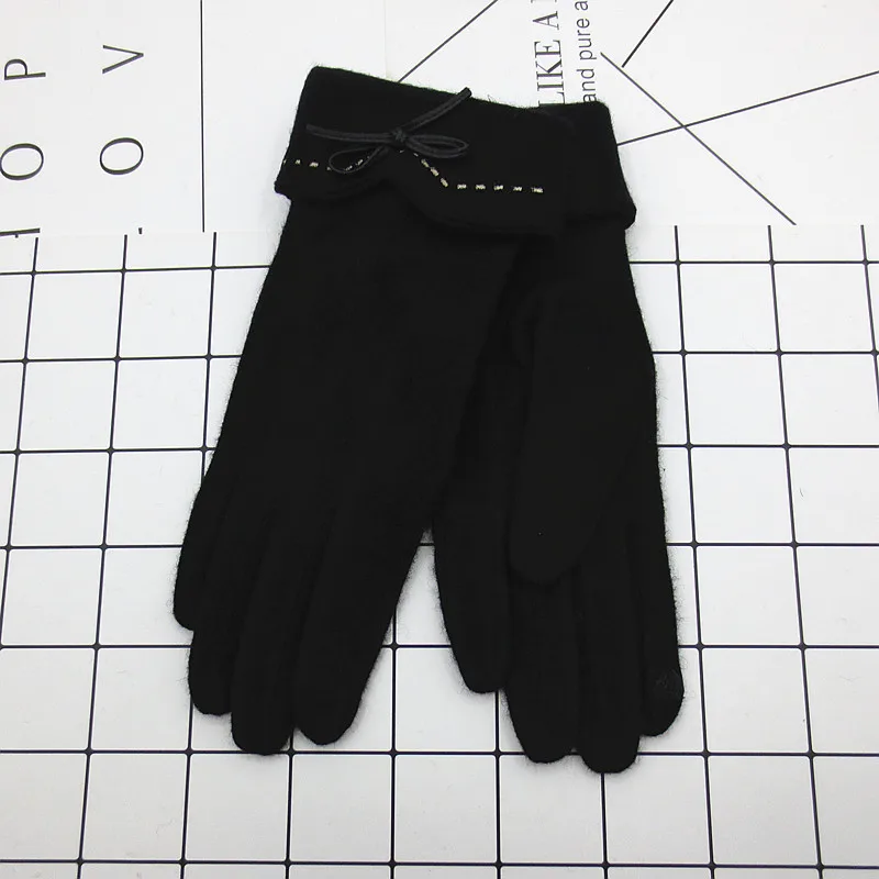 Модные элегантные женские шерстяные вязаные перчатки с вышивкой и сенсорным экраном зимние женские теплые кашемировые кожаные пе - Цвет: A29 A Black