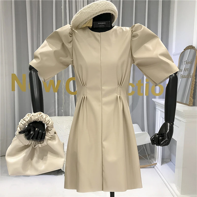 

[EWQ] 2020 Spring New Minimalist Puff Sleeve Coffee Up Women Dresses Korea Loose High Waist Slim Feminina Leather Dress QZ19616