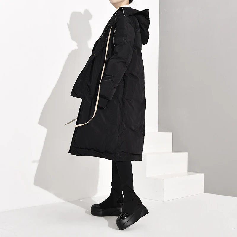[EAM] черное Бандажное пальто с капюшоном большого размера с хлопковой подкладкой, с длинным рукавом, свободная Женская парка, модная новинка осень-зима JL2890