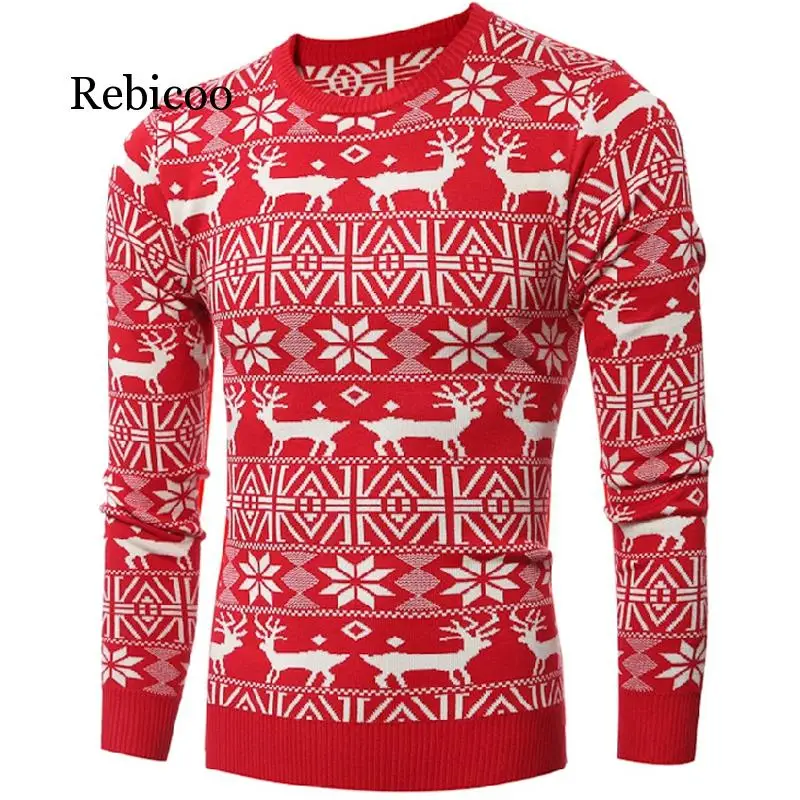 

Winter Christmas Sweater Men 2019 Casual Knitted Pullover Sweater Men Deer Printed Plus Size Long Sleeve Slim Thick Sweater Men