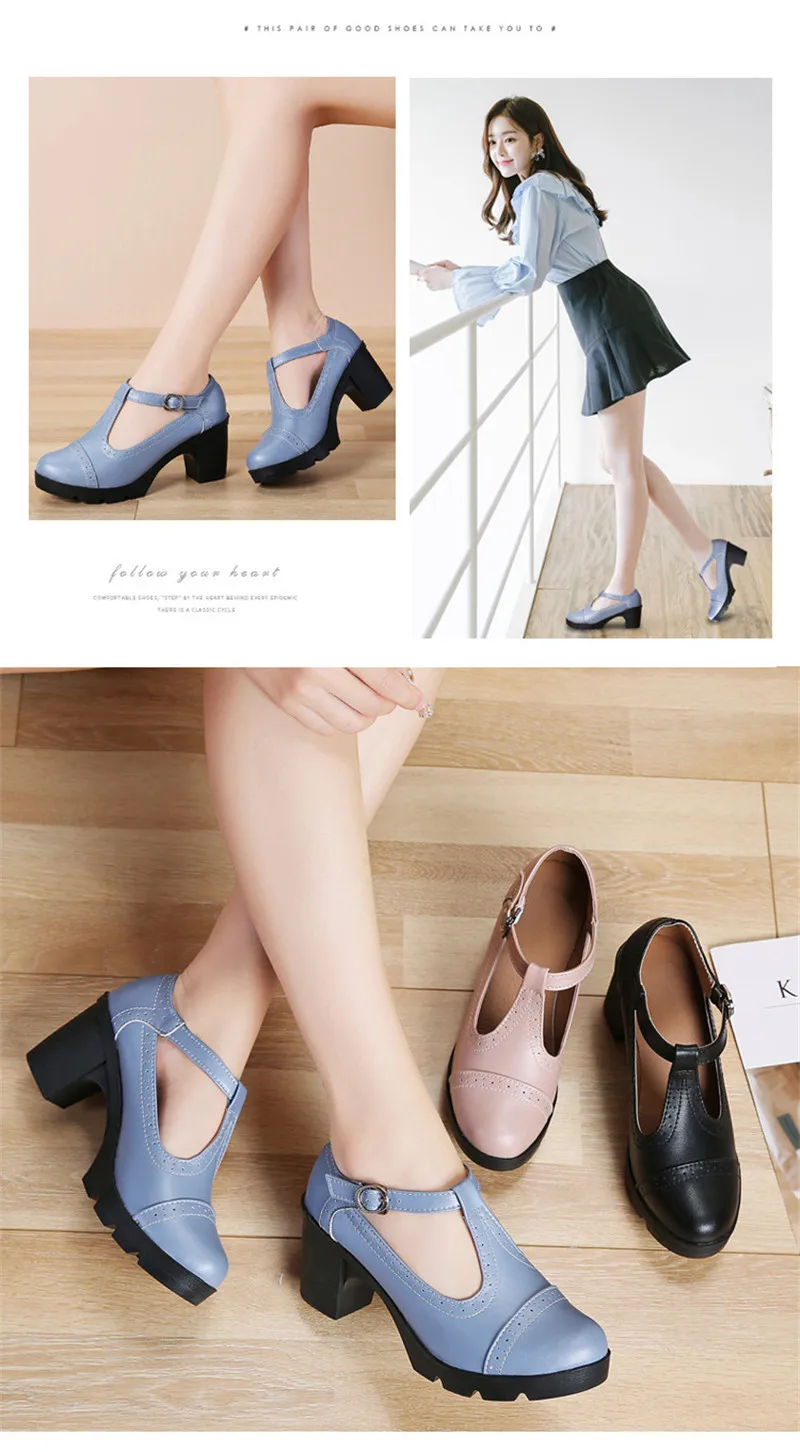 Size 34-43 Pumps Women's Shoes Buckle T-Strap Leather Oxfords Shoes Mary Jane Retro Mid-Heel Ladies Platform Single Pumps Shoes (11)