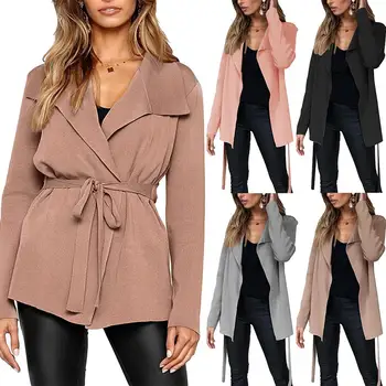 

Hot Autumn Winter Fashion Women Solid Color Lapel Long Sleeve Belted Cardigan Coat Nylon Polyester Spandex All-match with Belt