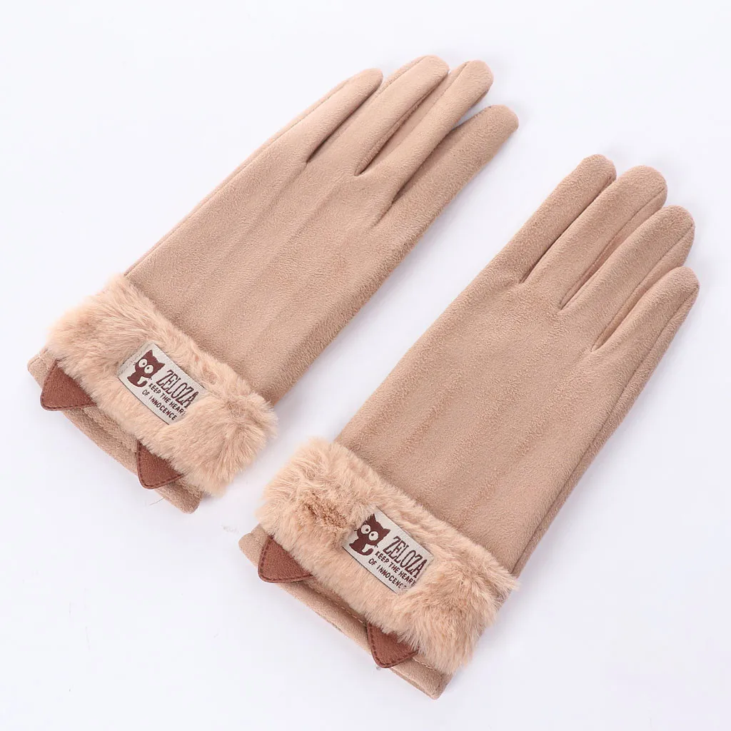 Women Cartoon Cute Cat Ear Winter Fleece Thermal Gloves Thicken Warm Mittens Solid Color Warm Gloves Windproof Gloves#YL5