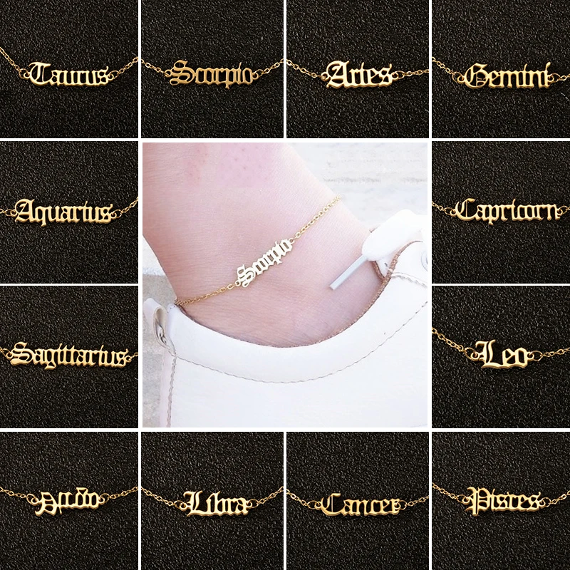 Old English Letter Zodiac Charm Anklet Bracelets Vintage 12 Constellation Ankle Bracelet for Women Girls Birthday Best Gift Old English Letter Zodiac Charm Anklet Bracelets Vintage 12 Constellation Ankle Bracelet for Women Girls Birthday Best Gift