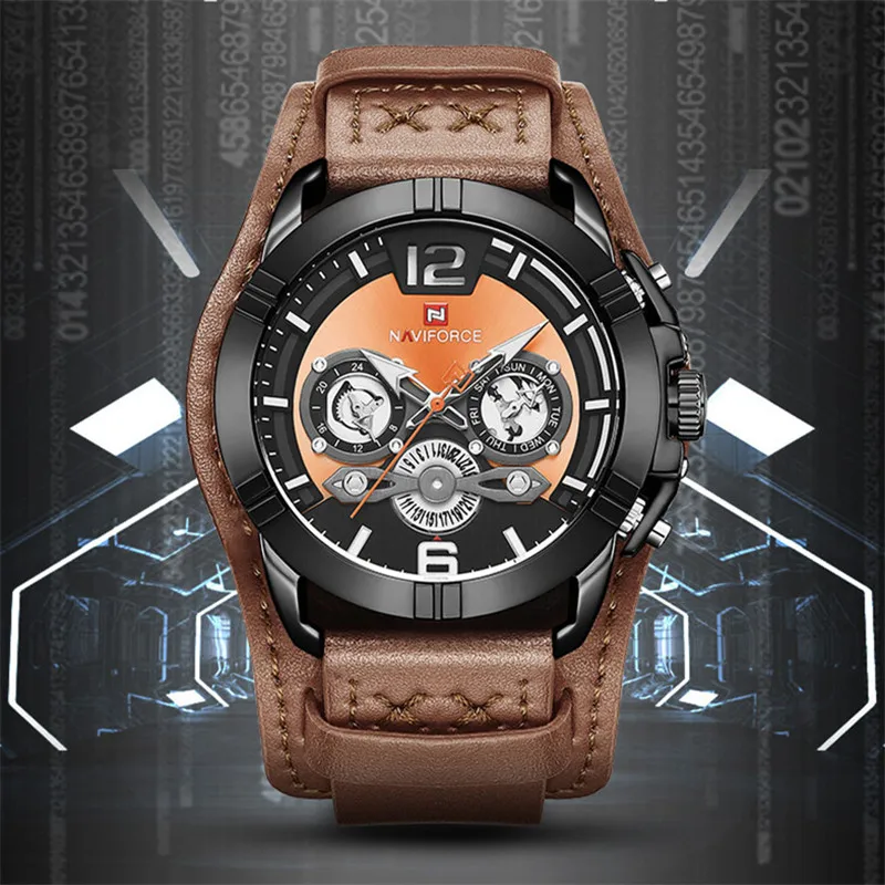 NAVIFORCE, новые модные мужские Спортивные Светящиеся кварцевые часы, армейские военные часы с кожаным ремешком, мужские часы с календарем, повседневные мужские часы
