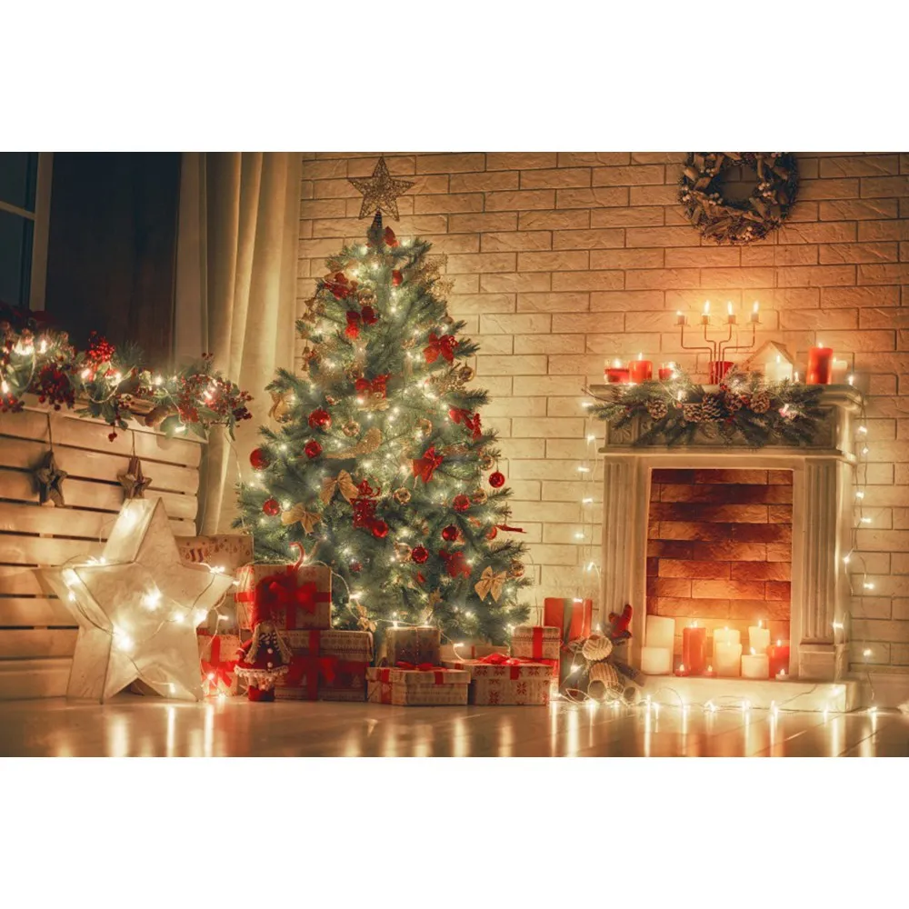 Yeele Christmas Tree Fireplace Bell Light Candle Interior Deco Photography Backgrounds Photographic Backdrops for Photo Studio - Цвет: NBK04134