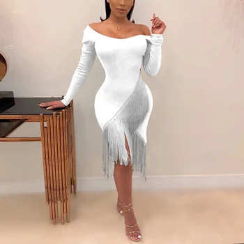 

Bikitique Fringe Tight Wrap Hip Dress Solid Wrap Chest Long Sleeve Party Dress Women Nightclub Vintage Long Sexy Dress Vestidos