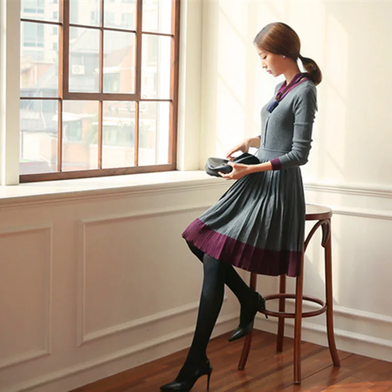 Tanie Kobiety sweter biurowy sukienka plisowana przycisk Up elegancki gruby koreański jesień modna sweter Femme szaty na drutach sweter Vestidos