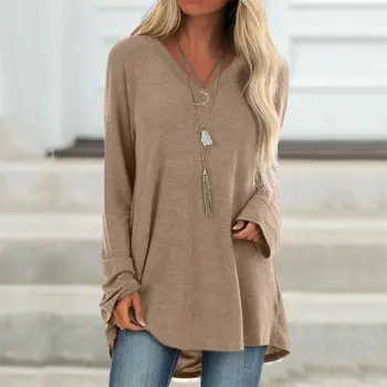 

Hiridin Fashion Women Long Pullover 2020 Spring Autumn Solid Long Sleeve V Neck T Shirts Casual Solid Slim Tops Plus Size