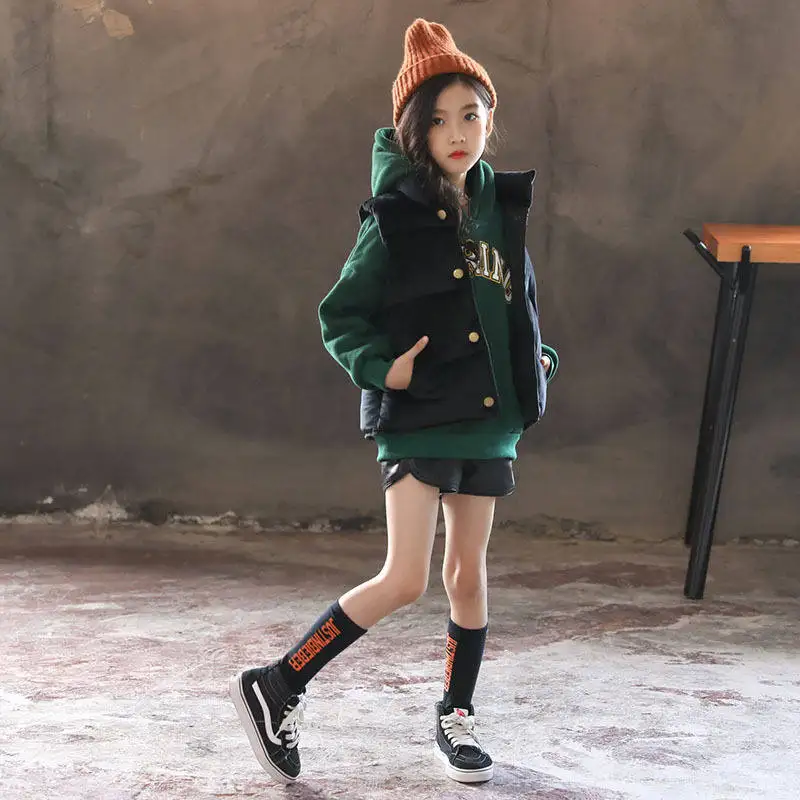 Winter Girls Vests Fashion Solid Sleeveless Zipper Jacket Warm Cotton Mandarin Collar Pocket Childern Streetwear Coat Jacket