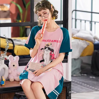 

Women Cotton Sleepwear Pyjamas Summer Cartoon Short Sleeve Camison Mujer Nightgown Ladies Pijama Homewear Cute Dresses