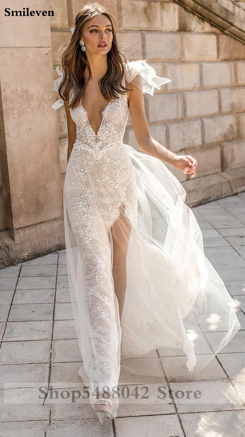 BERTA-Lace-Beach-Wedding-Dress-Boho-Plunge-V-Neck-Sexy-Fashion-Open-Back-Bohemian-Bridal-Gowns