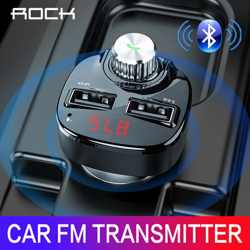 

ROCK 3.4A Car Charger FM Transmitter Bluetooth Handsfree Receiver Audio Music Mp3 Player TF Card Dual USB Car Phone Charger