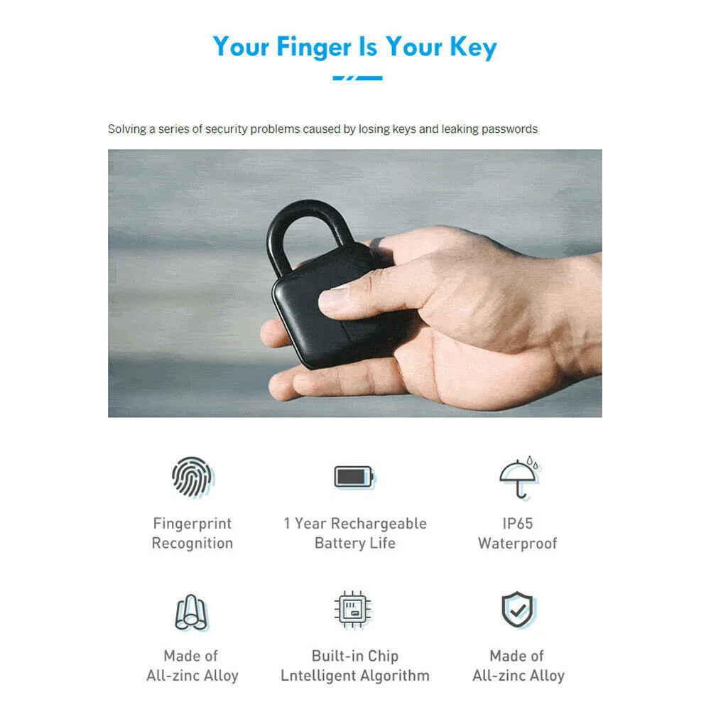 

Keyless Fingerprint Padlock Door IP65 Waterproof USB Charge Padlock Biometric Lock