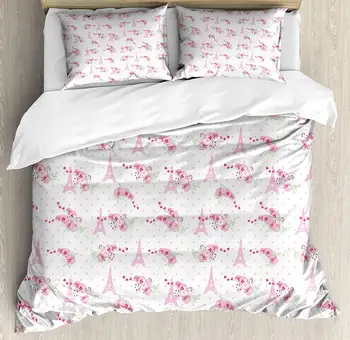 

Eiffel Duvet Cover Set Spring Inspiration Pink Flowers Bouquet and Paris Landmark on Polka Dots Decorative 3 Piece Bedding Set