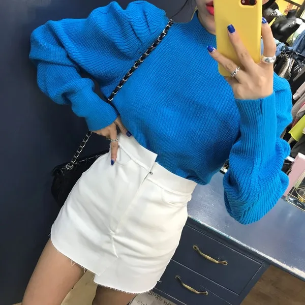RUGOD, винтажный однотонный вязаный женский свитер, модный круглый вырез, пышные рукава, разноцветные пуловеры для женщин,, элегантная Корейская верхняя одежда - Цвет: Синий