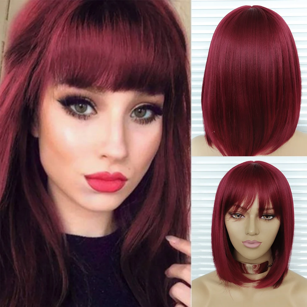 #530 iShine Short Bob Wig for Women Red Wigs with Bangs Natural Looking Heat Resistant Fiber Synthetic Wigs Ladies Party Straight Hair Wig 8 Inch