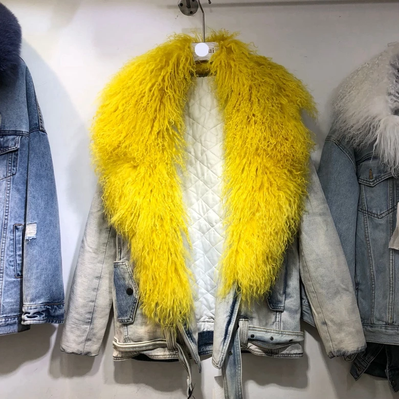 

European Winter New Thickened Cotton Coat Women Real Sheep Fur Collar Oversized Jacket Loose Denim Coat Cotton-padded 4color