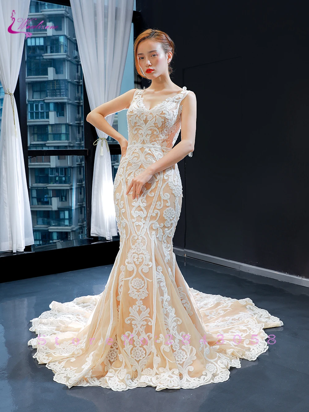 Waulizane симметричный кружева шампанского Русалка свадебное платье без рукавов, роскошная, для невесты платье