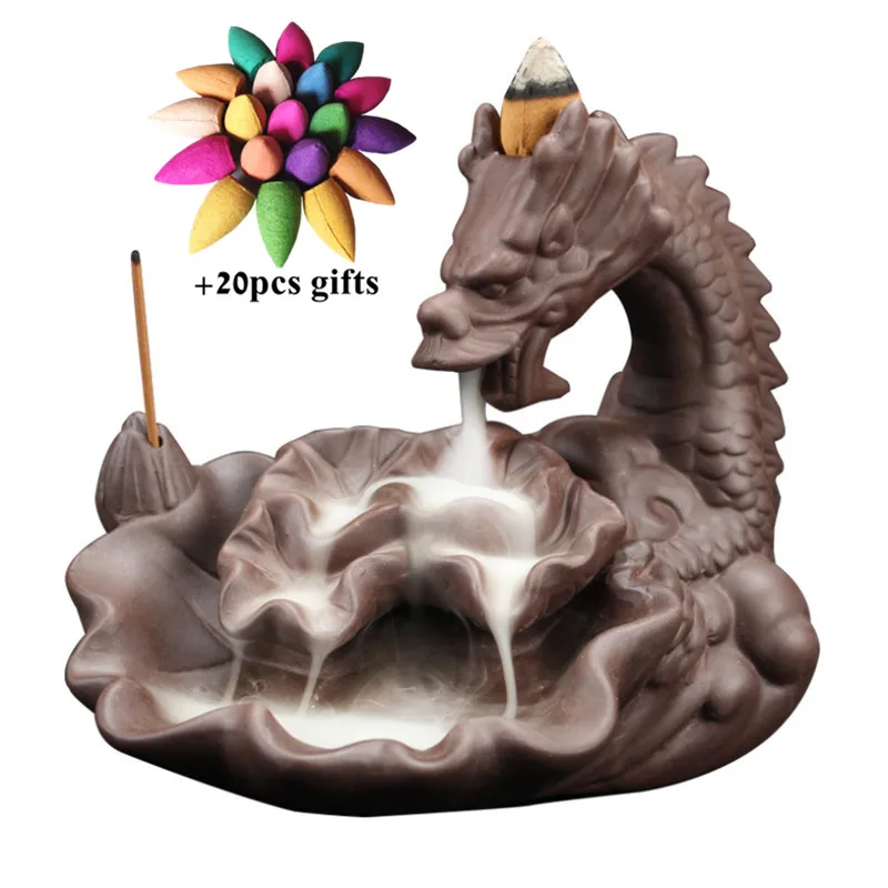

Ceramic Dragon Backflow Incense Burner Home Decor Purple Clay Incense Stick Holder Aroma Waterfall Censer + 20pcs Free Cones