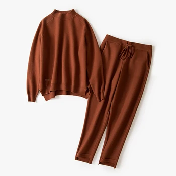 

Women's sweater set autumn and winter new style round neck knit women's sweater fashion suit split harem pants knitted two-piece