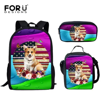 

FORUDESIGNS Custom your design Colorful Animal Cute Corgi with US Flag Pattern 3pcs/Set School Bags for Kids Girls Boys Student