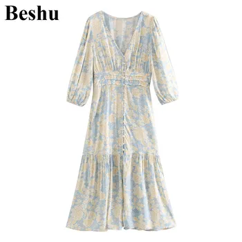 

za 2020 fashion midi dress women print V-neck single-breasted folds elegant casual dress female puff sleeve high waist mujer