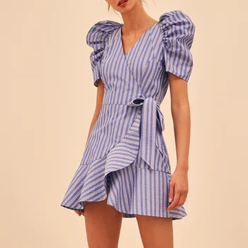 

2020 New Summer Short Sleeve Women Wrap Dress Casual Fashion Runway Designer Stripe Beach Vacation Sundress Party Vestidos Dress