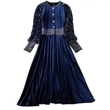

European and American women's clothing 2019 winter new style Sequined long sleeve lantern sleeve beading Fashion velvet dress
