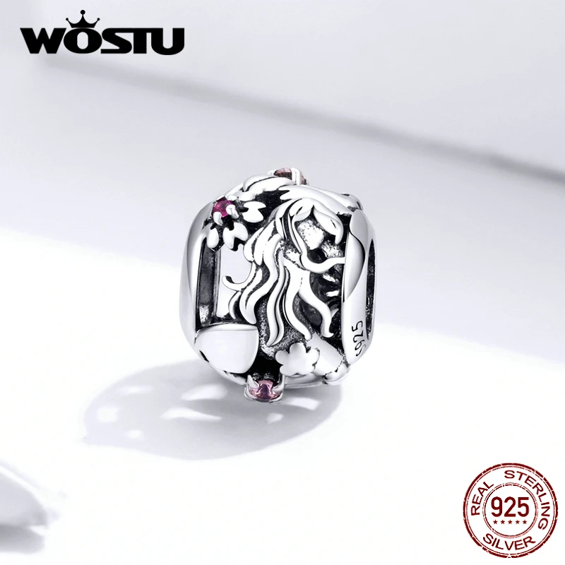 WOSTU Mermaid &amp Flower Vinatge Charms 100% 925 Sterling Silver Round Beads Fit Original Bracelet DIY Necklace Jewelry FIC1449 | Украшения
