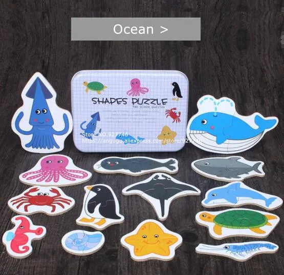 MG149-05-Ocean Деревянные игрушки для детей детские деревянные пазлы с железной коробкой насекомое ферма животные Монтессори игрушки для девочек мальчиков MG149 - Цвет: MG149-05-Ocean