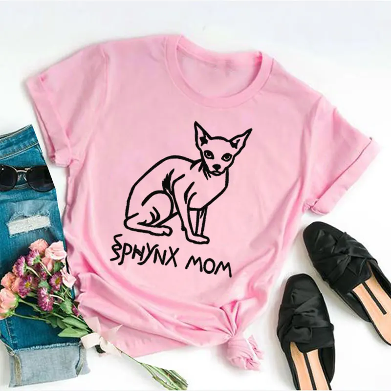Сфинкс мама кошка футболка с надписью Mama мама размера плюс буквы женские футболки 90s хлопок Круглый вырез Kawaii рубашка с коротким рукавом футболки для девочек - Цвет: Розовый