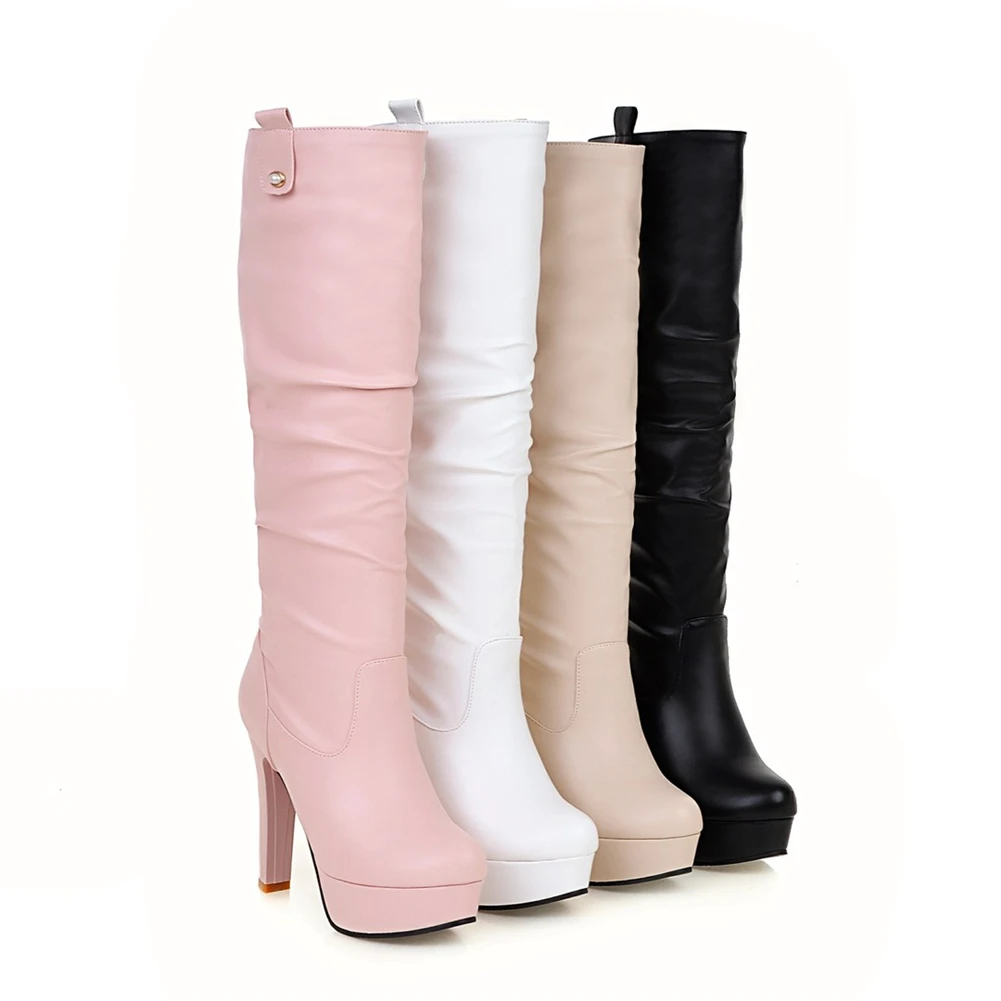 SARAIRIS New 34-43 Elegant Pleated Knee High Boots Women 2019 Winter Add Fur Platform Boots Ladies High Heels Shoes Woman