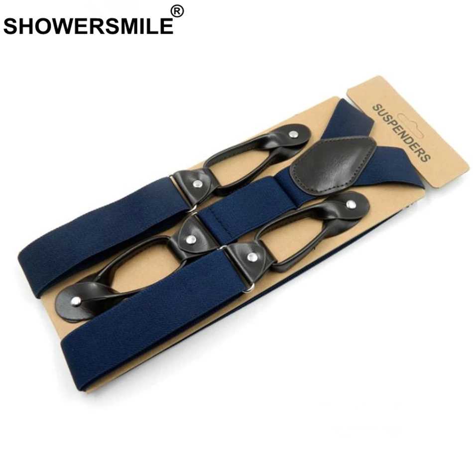 Подтяжки SHOWERSMILE мужские на пуговицах широкие однотонные темно синие кожаные