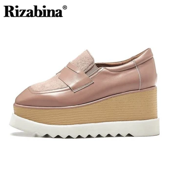 

RIZABINA 2020 Real Leather Thick Bottom Platform Daily Pumps Slip On Casual Outdoor Leisure High Heels Shoes Women Size 33-40