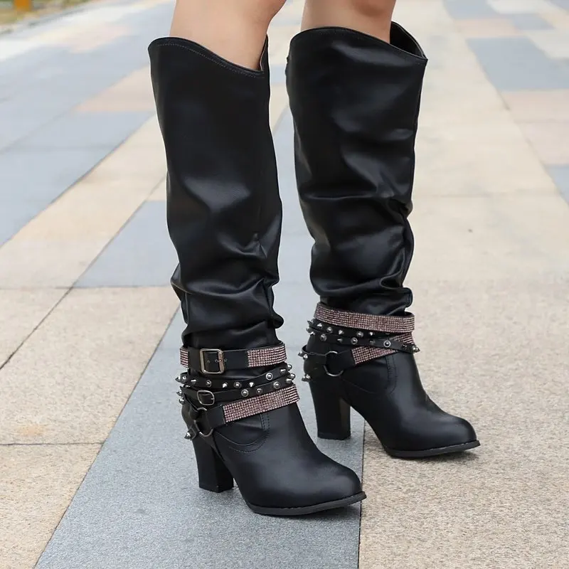 Square Heel Platform-Boots Knee-High-Boots Womens Shallow Pointed-Toe Solid Zapatos-De-Mujer